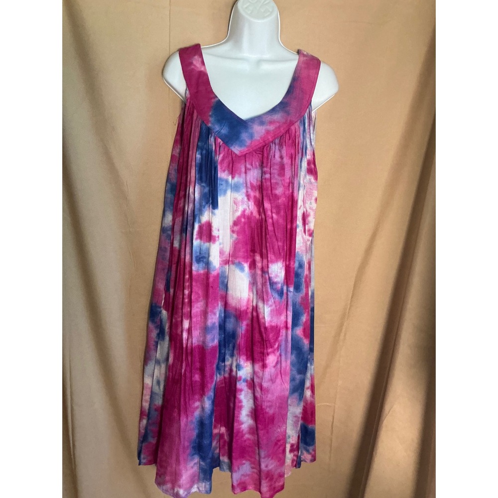 Uniti Casuals Tie Dye Dress Womens OS Pink Blue Excellent Sleeveless V-Neck Midi
